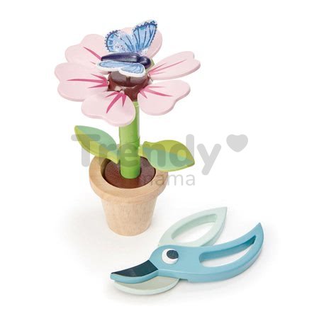 Drevená kvetinka v kvetináči Blossom Flowerpot Tender Leaf Toys rozoberateľná s motýľom a nožničkami