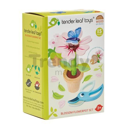 Drevená kvetinka v kvetináči Blossom Flowerpot Tender Leaf Toys rozoberateľná s motýľom a nožničkami