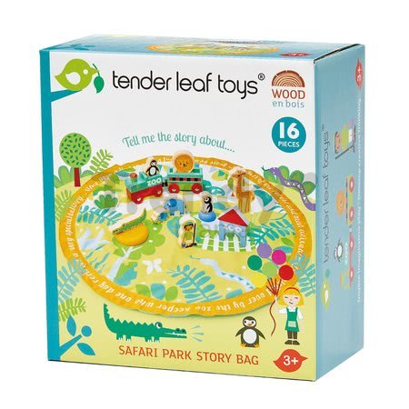 Drevený park so zvieratkami Safari Park Story Bag Tender Leaf Toys na okrúhlej plátenej taške s potlačou džungle