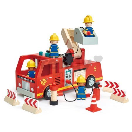 Drevené hasičské auto Fire Engine Tender Leaf Toys s funkčnou plošinou a 4 hasiči s doplnkami