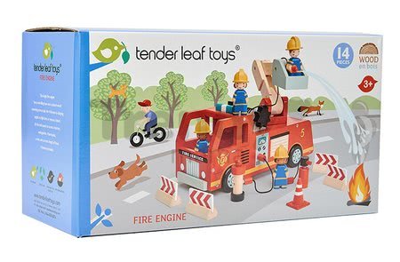 Drevené hasičské auto Fire Engine Tender Leaf Toys s funkčnou plošinou a 4 hasiči s doplnkami