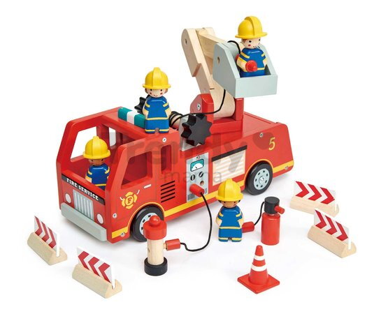 Drevené hasičské auto Fire Engine Tender Leaf Toys s funkčnou plošinou a 4 hasiči s doplnkami