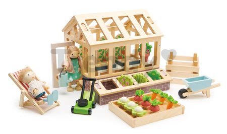 Drevený skleník Greenhouse and Garden Set Tender Leaf Toys s otváracou strechou a 9 druhov zeleniny pre bábiku