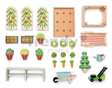 Drevený skleník Greenhouse and Garden Set Tender Leaf Toys s otváracou strechou a 9 druhov zeleniny pre bábiku
