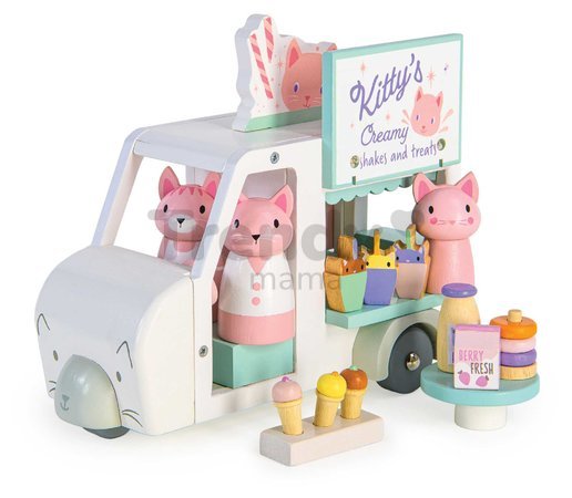 Drevené autíčko s mliečnym barom Kitty´s Milkshake Van Tender Leaf Toys s 3 figúrkami mačičiek