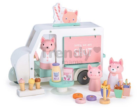 Drevené autíčko s mliečnym barom Kitty´s Milkshake Van Tender Leaf Toys s 3 figúrkami mačičiek