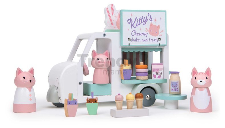 Drevené autíčko s mliečnym barom Kitty´s Milkshake Van Tender Leaf Toys s 3 figúrkami mačičiek