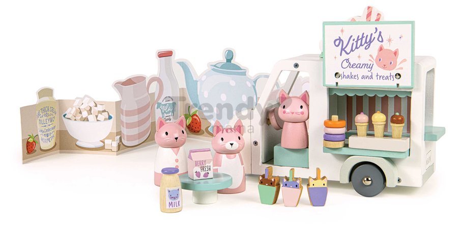 Drevené autíčko s mliečnym barom Kitty´s Milkshake Van Tender Leaf Toys s 3 figúrkami mačičiek