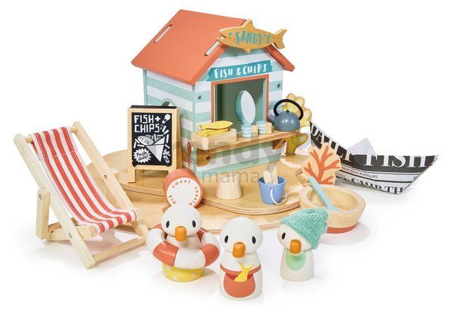 Drevený stánok s občerstvením na pláži Sandy´s Beach Hut Tender Leaf Toys s lehátkom a 3 figúrky čajok