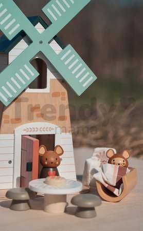 Drevený veterný mlyn Penny Windmill Tender Leaf Toys s pecou na pečenie chleba a 3 figúrky myšiek