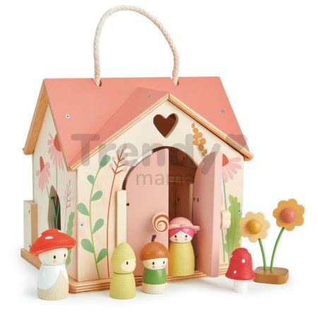 Drevený lesný domček Rosewood Cottage Tender Leaf Toys s hojdačkou záhradkou a 4 postavičkami
