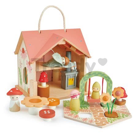 Drevený lesný domček Rosewood Cottage Tender Leaf Toys s hojdačkou záhradkou a 4 postavičkami