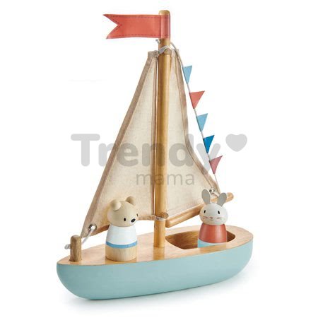 Drevená plachetnica Sailaway Boat Tender Leaf Toys s dvoma plachtami a zajačik s medvedíkom