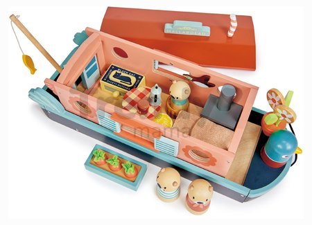 Drevená loďka Little Otter Canal Boat Tender Leaf Toys s 3 figúrkami vydier a 14 doplnkami