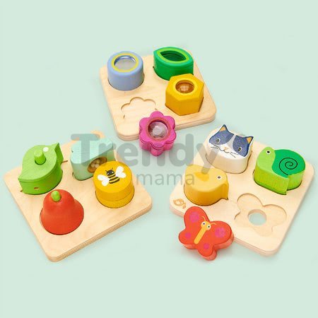 Drevené tvary zvieratká Touch Sensory Tray Tender Leaf Toys na podložke 4 druhy od 18 mes