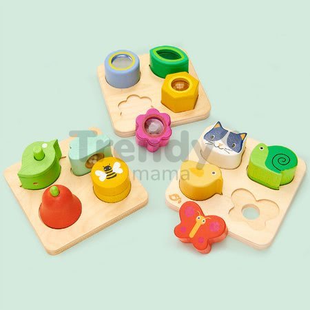 Drevené tvary s funkciami Visual Sensory Tray Tender Leaf Toys na podložke 4 druhy od 18 mes