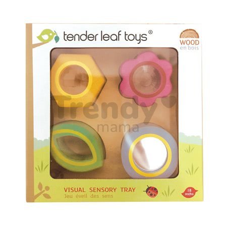 Drevené tvary s funkciami Visual Sensory Tray Tender Leaf Toys na podložke 4 druhy od 18 mes