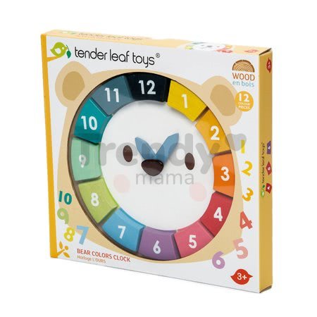 Drevené hodiny s medveďom Bear Colour Clock Tender Leaf Toys závesné s 12 farebnými číslami