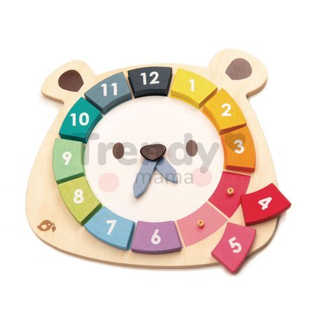 Drevené hodiny s medveďom Bear Colour Clock Tender Leaf Toys závesné s 12 farebnými číslami