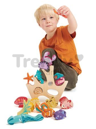 Drevený koralový útes Stacking Coral Reef Tender Leaf Toys s 18 rybami a morskými živočíchmi od 18 mes