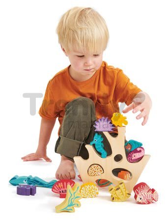 Drevený koralový útes Stacking Coral Reef Tender Leaf Toys s 18 rybami a morskými živočíchmi od 18 mes