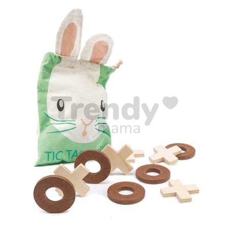 Drevená logická hra Tic Tac Toe Tender Leaf Toys 5 krúžkov a 5 krížov v plátenom vrecúšku