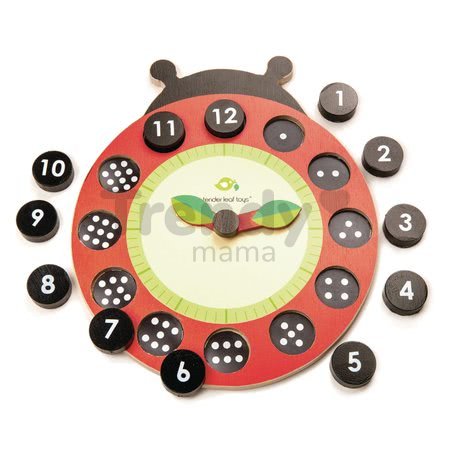 Drevené magnetické hodiny s lienkou Ladybug Teaching Clock Tender Leaf Toys závesné s 12 bodkovanými číslami