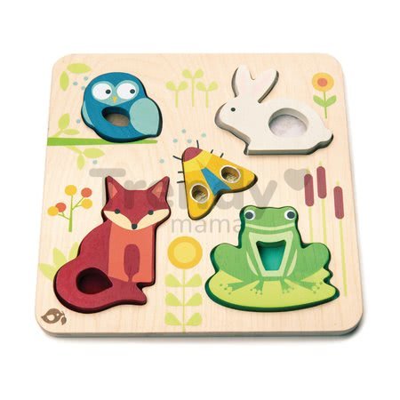 Drevené lesné zvieratká Touchy Feely Animals Tender Leaf Toys 5 ergonomických tvarov na doske od 18 mes
