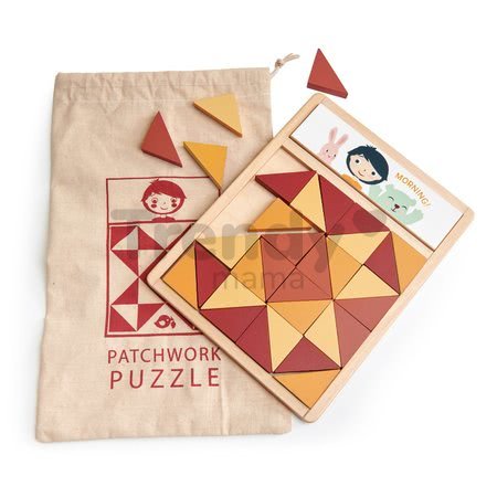 Drevená mozaika Patchwork Quilt Puzzle Tender Leaf Toys hnedé trojuholníky 32 dielov 4 farby