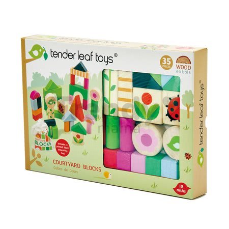 Drevené kocky na vidieku Courtyard Blocks Tender Leaf Toys s maľovanými obrázkami 34 dielov vo vrecku od 18 mes