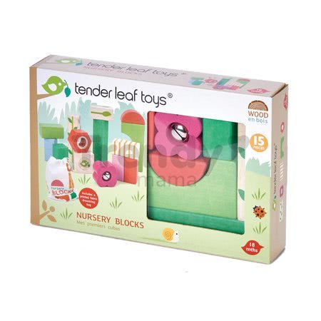 Drevené kocky lesná škôlka Nursery Blocks Tender Leaf Toys s maľovanými obrázkami a funkciami 12 dielov od 18 mes