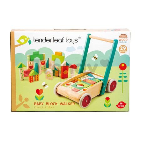 Drevené chodítko s kockami Baby Block Walker Tender Leaf Toys vozík s maľovanými obrázkami 29 kociek od 18 mes