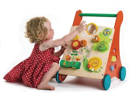 Drevené chodítko záhrada Baby Activity Walker Tender Leaf Toys s rôznymi funkciami a kockami od 18 mes