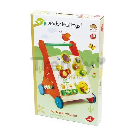 Drevené chodítko záhrada Baby Activity Walker Tender Leaf Toys s rôznymi funkciami a kockami od 18 mes