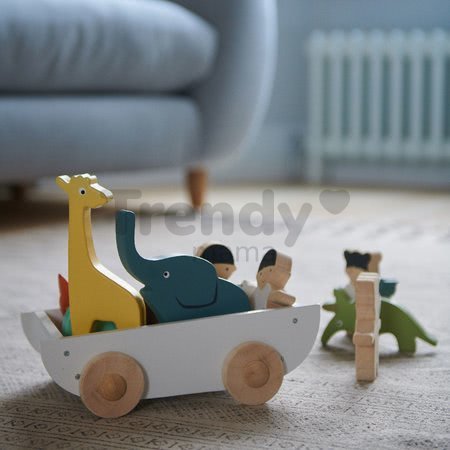 Drevený chlapček a dievčatko so zvieratkami The Friend Ship Tender Leaf Toys na vozíku, 12 dielov