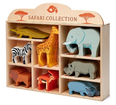 Drevené divoké zvieratká na poličke 24 ks Safari set Tender Leaf Toys krokodíl slon zebra antilopa žirafa nosorožec hroch lev