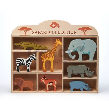 Drevené divoké zvieratká na poličke 8 ks Safari set Tender Leaf Toys krokodíl, slon, zebra, antilopa, žirafa, nosorožec, hroch, lev