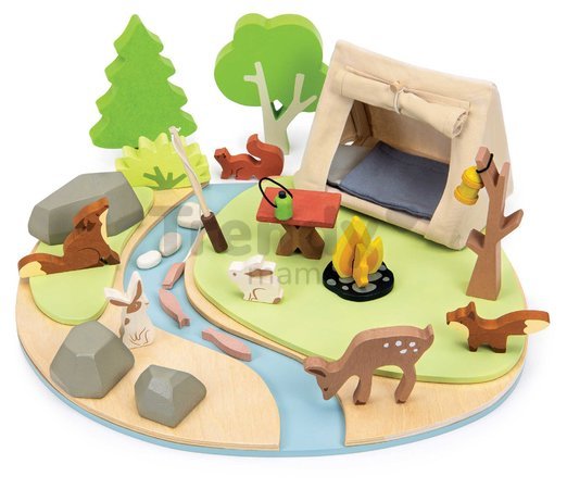 Drevené táborisko so stanom a ohniskom Wildlife Camping Playset Tender Leaf Toys s figúrkami zvieratiek