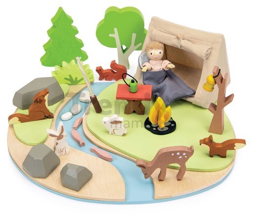 Drevené táborisko so stanom a ohniskom Wildlife Camping Playset Tender Leaf Toys s figúrkami zvieratiek