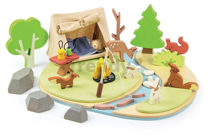 Drevené táborisko so stanom a ohniskom Wildlife Camping Playset Tender Leaf Toys s figúrkami zvieratiek