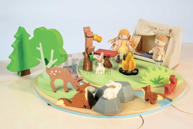 Drevené táborisko so stanom a ohniskom Wildlife Camping Playset Tender Leaf Toys s figúrkami zvieratiek