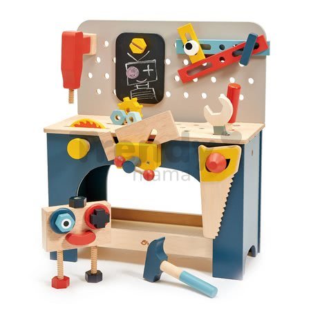 Drevená dielňa s robotom Table top Tool Bench Tender Leaf Toys s náradím a stavebnicou