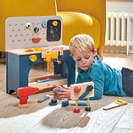 Drevená dielňa s robotom Table top Tool Bench Tender Leaf Toys s náradím a stavebnicou