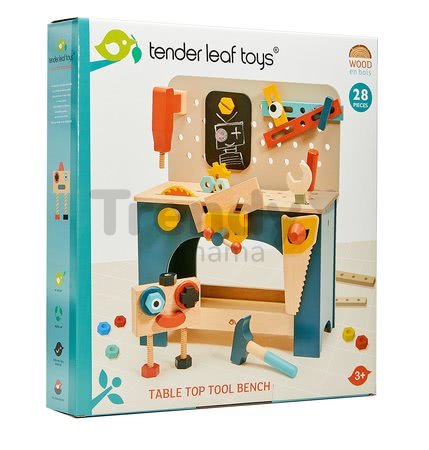 Drevená dielňa s robotom Table top Tool Bench Tender Leaf Toys s náradím a stavebnicou