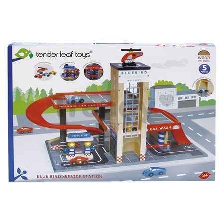Drevená poschodová garáž Blue Bird Service Station Tender Leaf Toys s 3 autami a helikoptérou