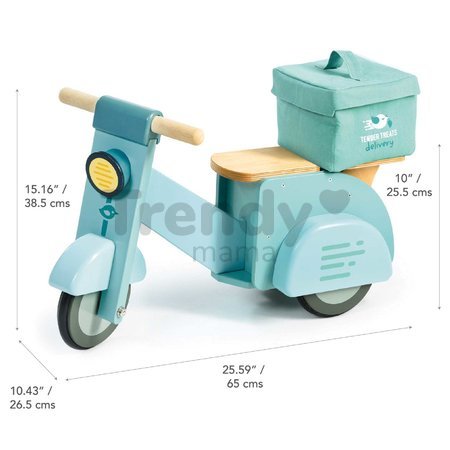Drevené odrážadlo Donáška jedla Delivery Scooter Tender Leaf Toys s gumenými kolesami a plátená taška od 24 mes