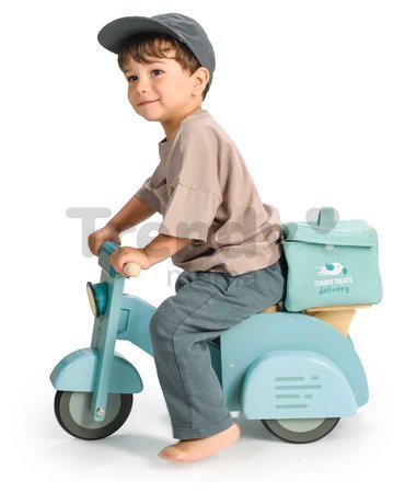 Drevené odrážadlo Donáška jedla Delivery Scooter Tender Leaf Toys s gumenými kolesami a plátená taška od 24 mes
