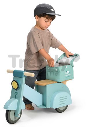 Drevené odrážadlo Donáška jedla Delivery Scooter Tender Leaf Toys s gumenými kolesami a plátená taška od 24 mes