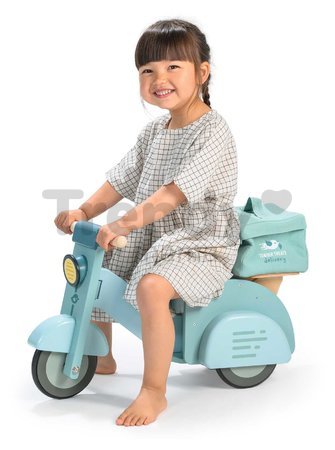 Drevené odrážadlo Donáška jedla Delivery Scooter Tender Leaf Toys s gumenými kolesami a plátená taška od 24 mes