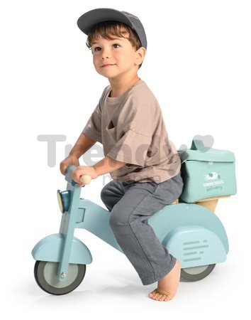 Drevené odrážadlo Donáška jedla Delivery Scooter Tender Leaf Toys s gumenými kolesami a plátená taška od 24 mes